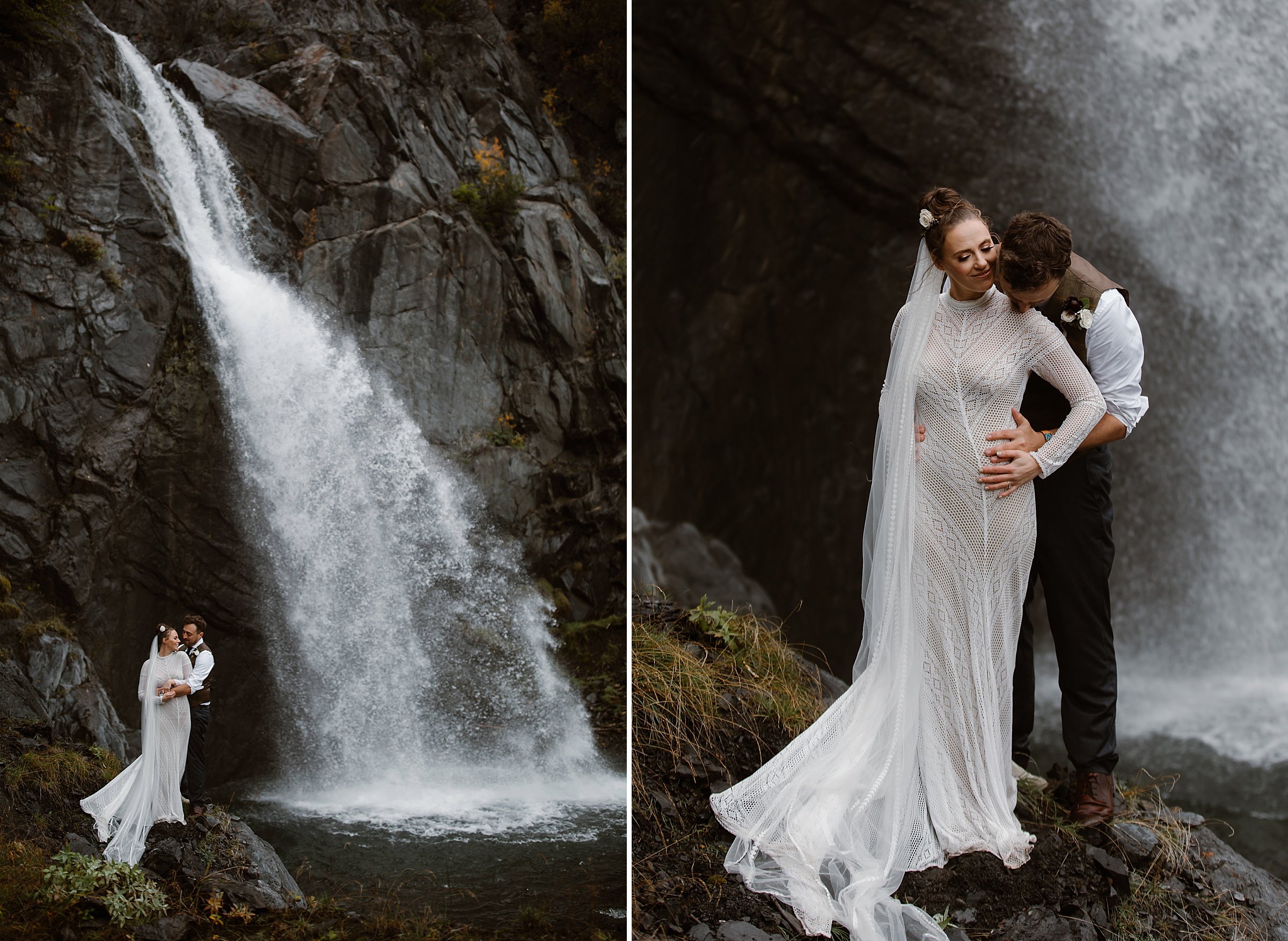  bride and groom helicopter to waterfall 