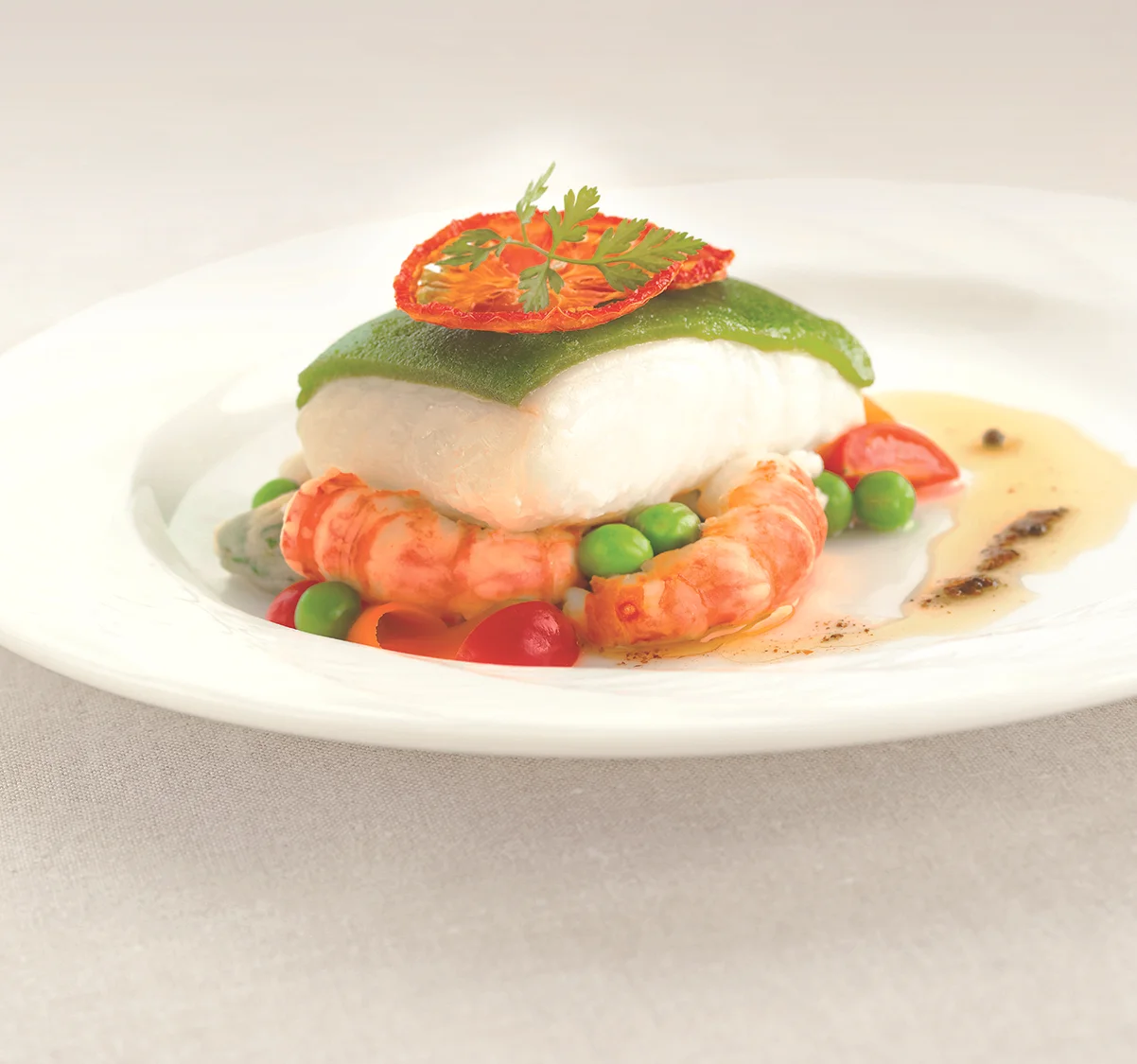 Herb Crusted Wild Pacific Halibut with Pea Purée and Coriander Vinaigrette