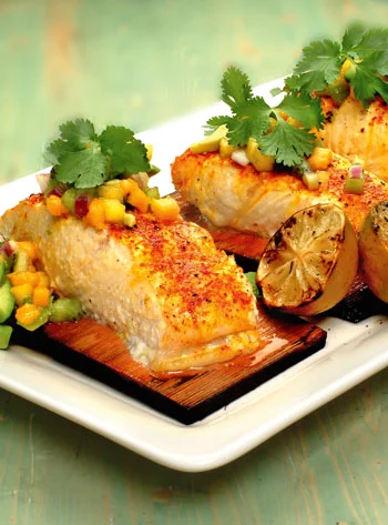 Planked Saffron Wild Pacific Halibut with Avocado and Tropical Fruit Salsa