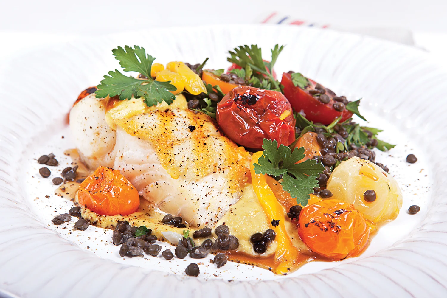 Seared Wild Pacific Halibut And Bell Pepper Purée with a Beluga Lentil Salad