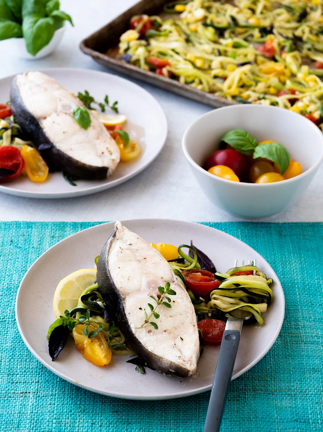 Wild Pacific Halibut Steaks with Zucchini Noodles, Corn &amp; Tomatoes