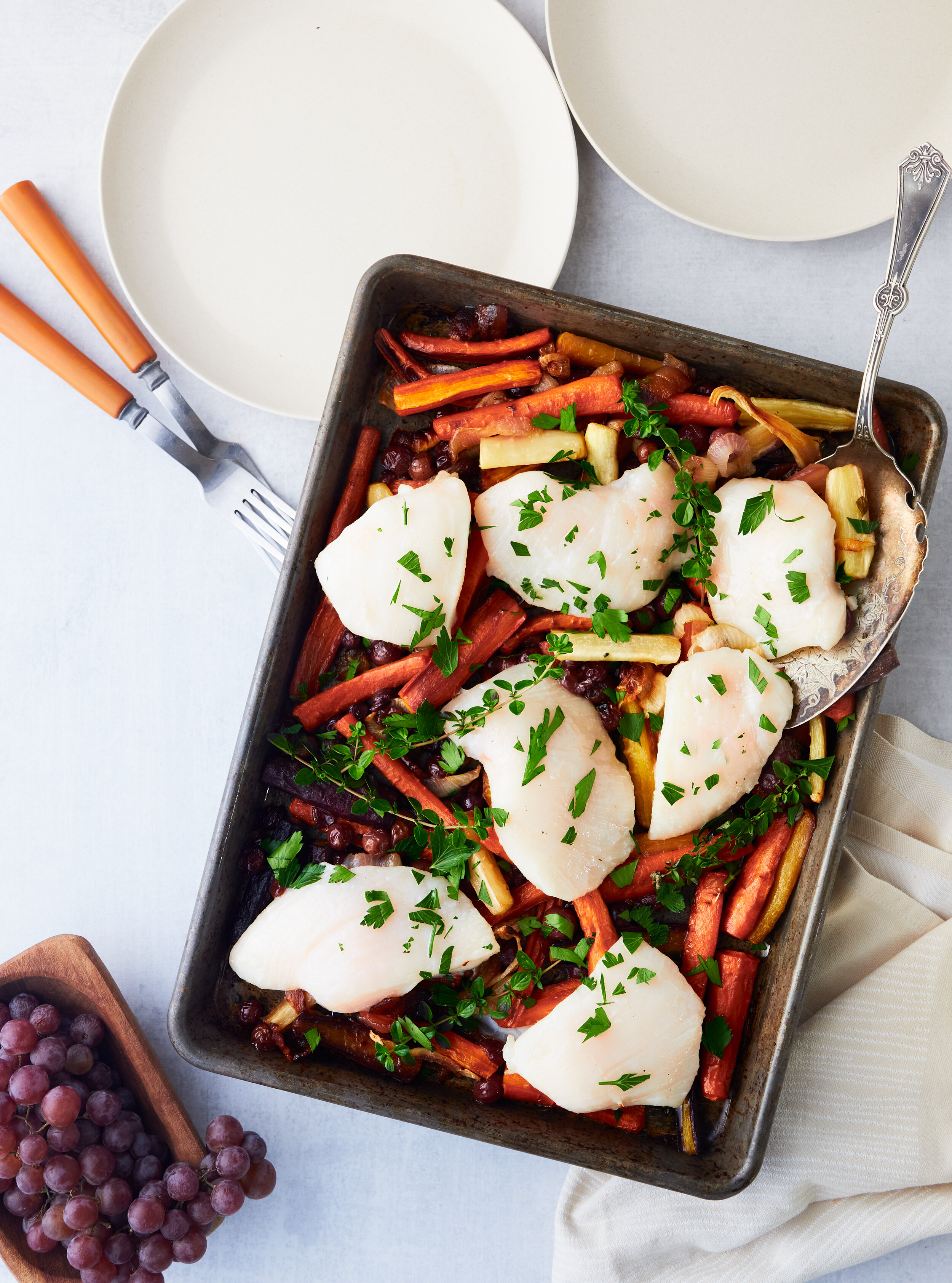 Wild Pacific Halibut Cheeks Roasted with Carrots, Grapes &amp; Bacon