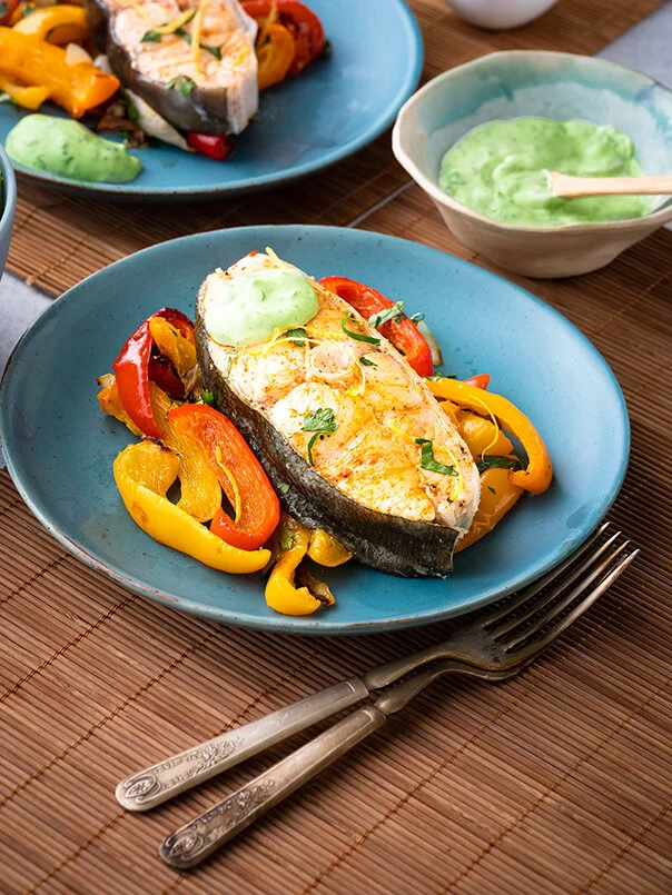 Wild Pacific Halibut Steaks with Roasted Peppers And Basil Aioli