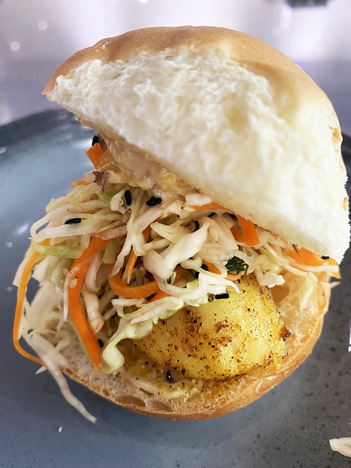 WILD PACIFIC HALIBUT SLIDERS WITH GARAM MASALA, CARAMELIZED PEACHES &amp; LIGHT SUMMER SLAW