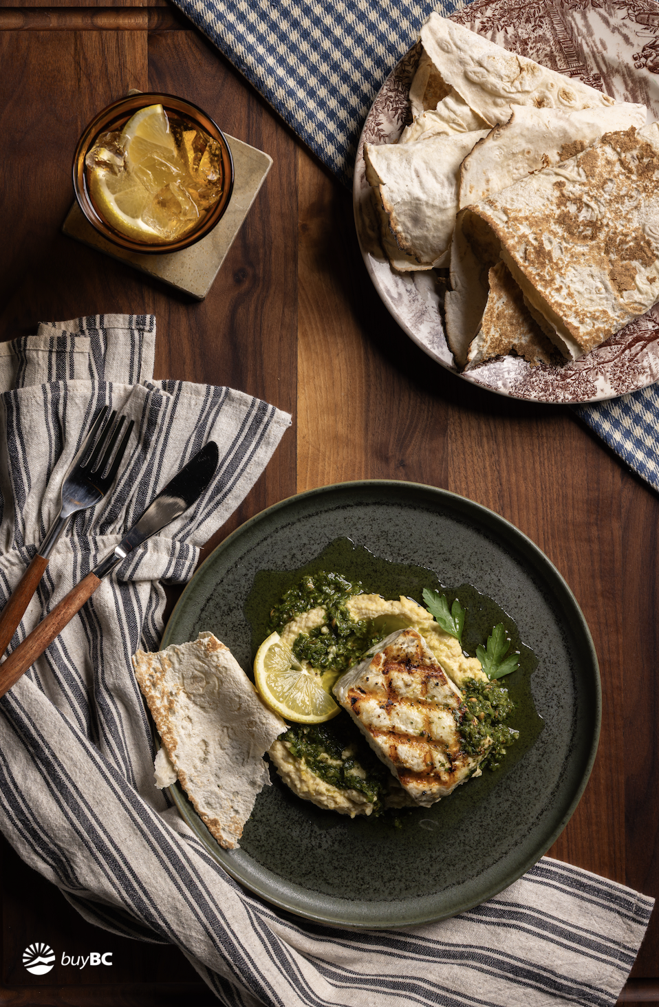 Grilled Halibut, Celeriac Hummus &amp; Zhoug