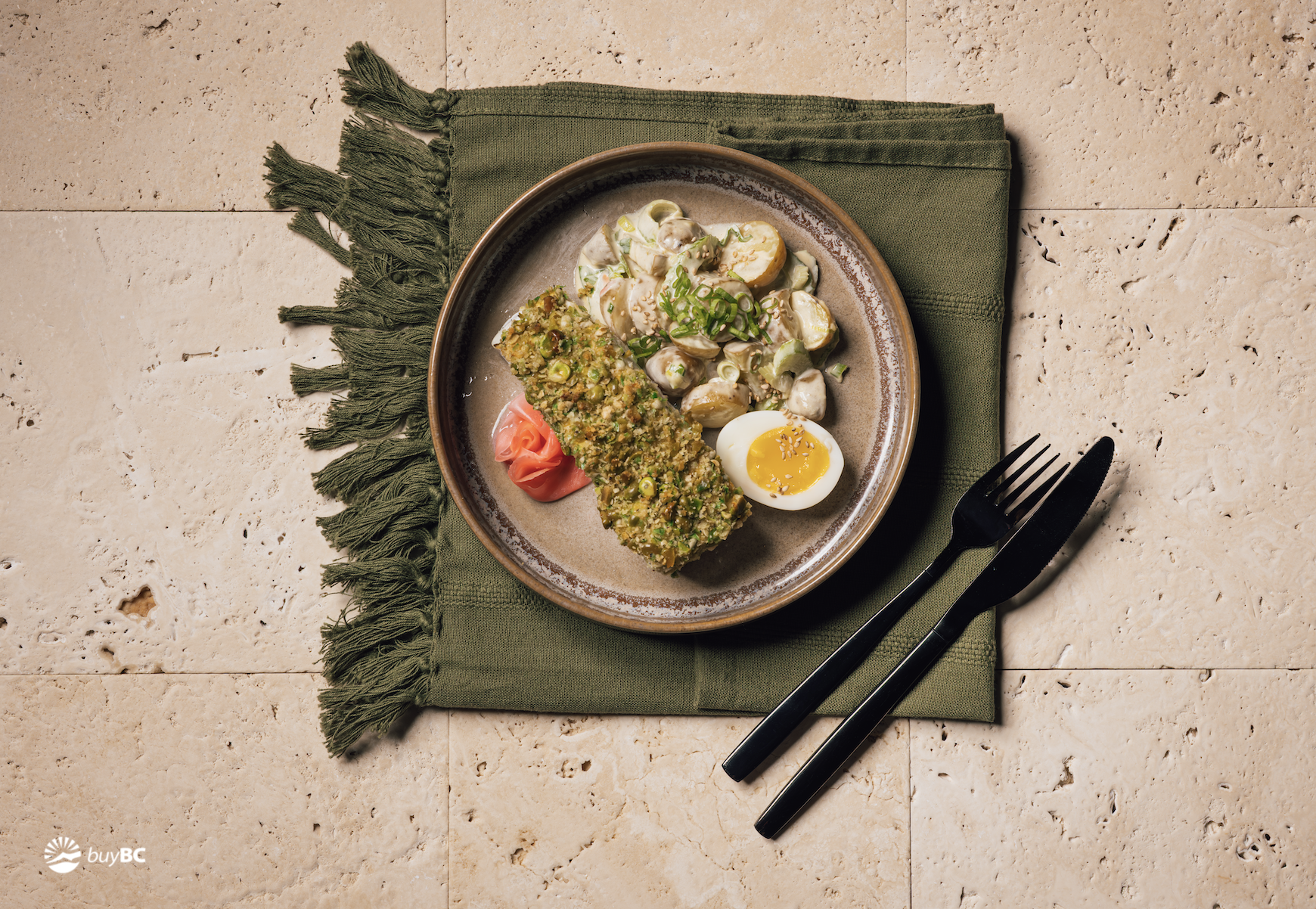 Wasabi Pea Crusted Halibut with Japanese Potato Salad and Jammy Eggs