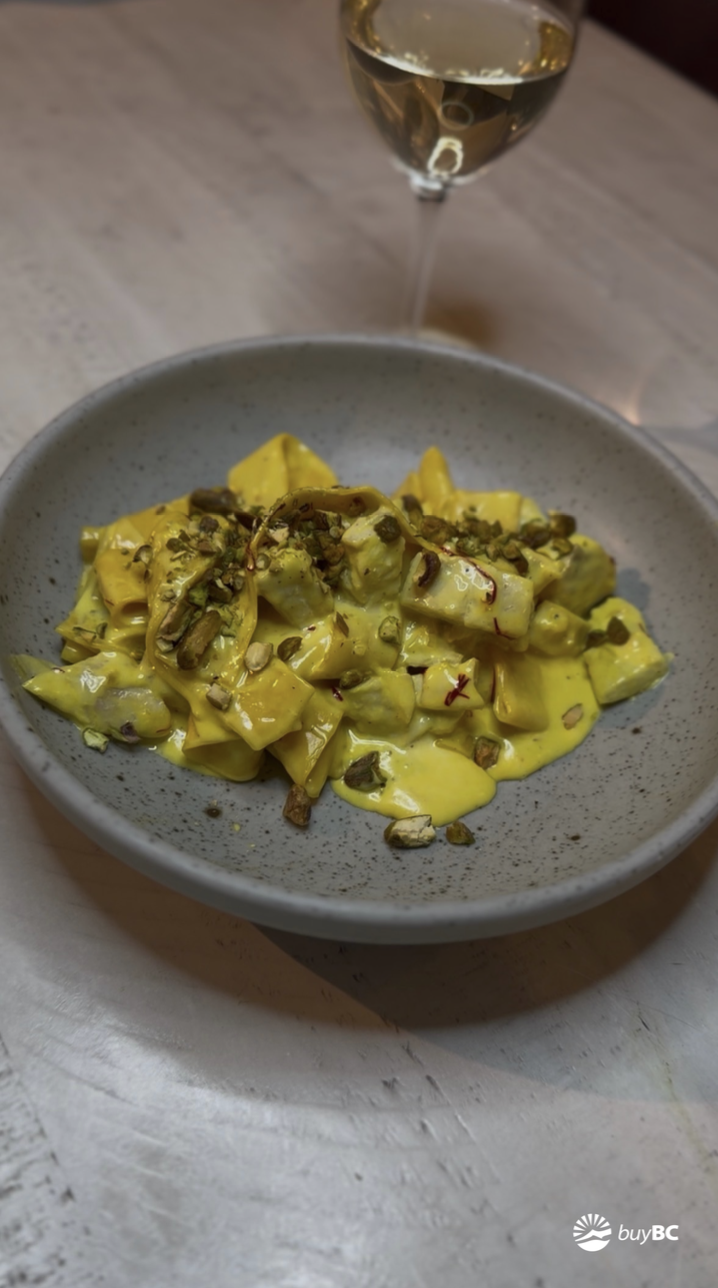 Wild Pacific Halibut Pappardelle with Saffron cream &amp; pistachio 