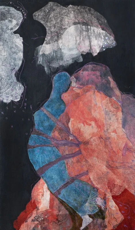 Aphrodite's Revenge, 2010, acrylic, collage and pencil on stretched linen on board, 150x50cm