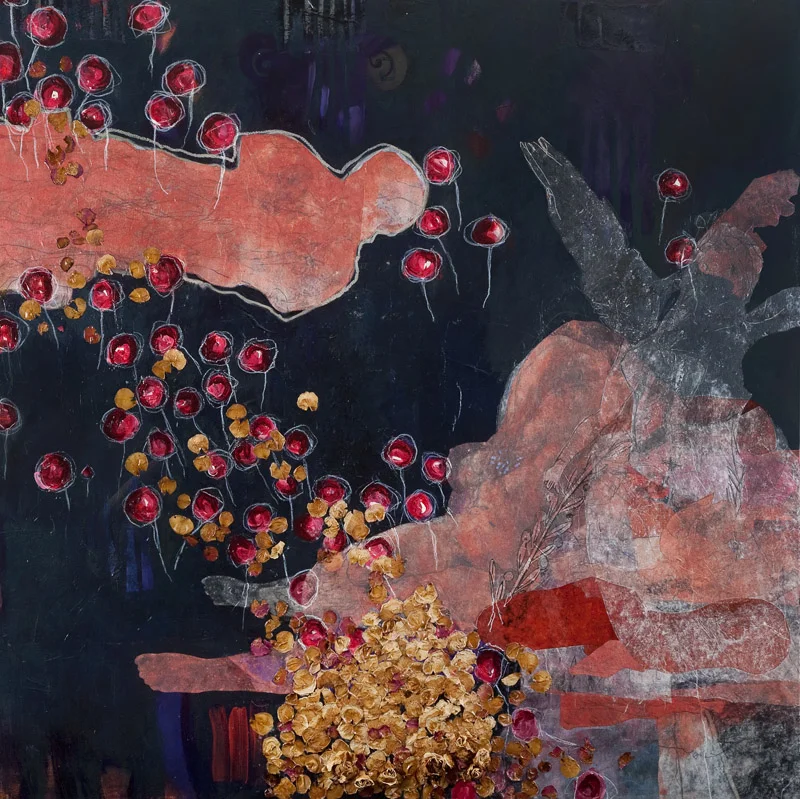 Bed of Roses, 2010, acrylic, pencil and collage on stretched linen on board, 120x120cm