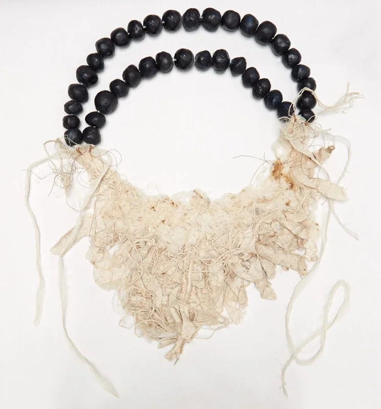 Inanna's Lapis Lazuli Neckpiece, 2014, handmade silk paper, clay beads painted with acrylic,