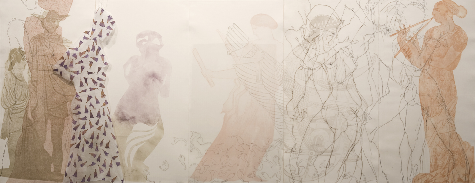 Persephone Rising, 2008, etching, collograph, muslin and dried jackarandah flowers, 260cm(w)x110cm(h)