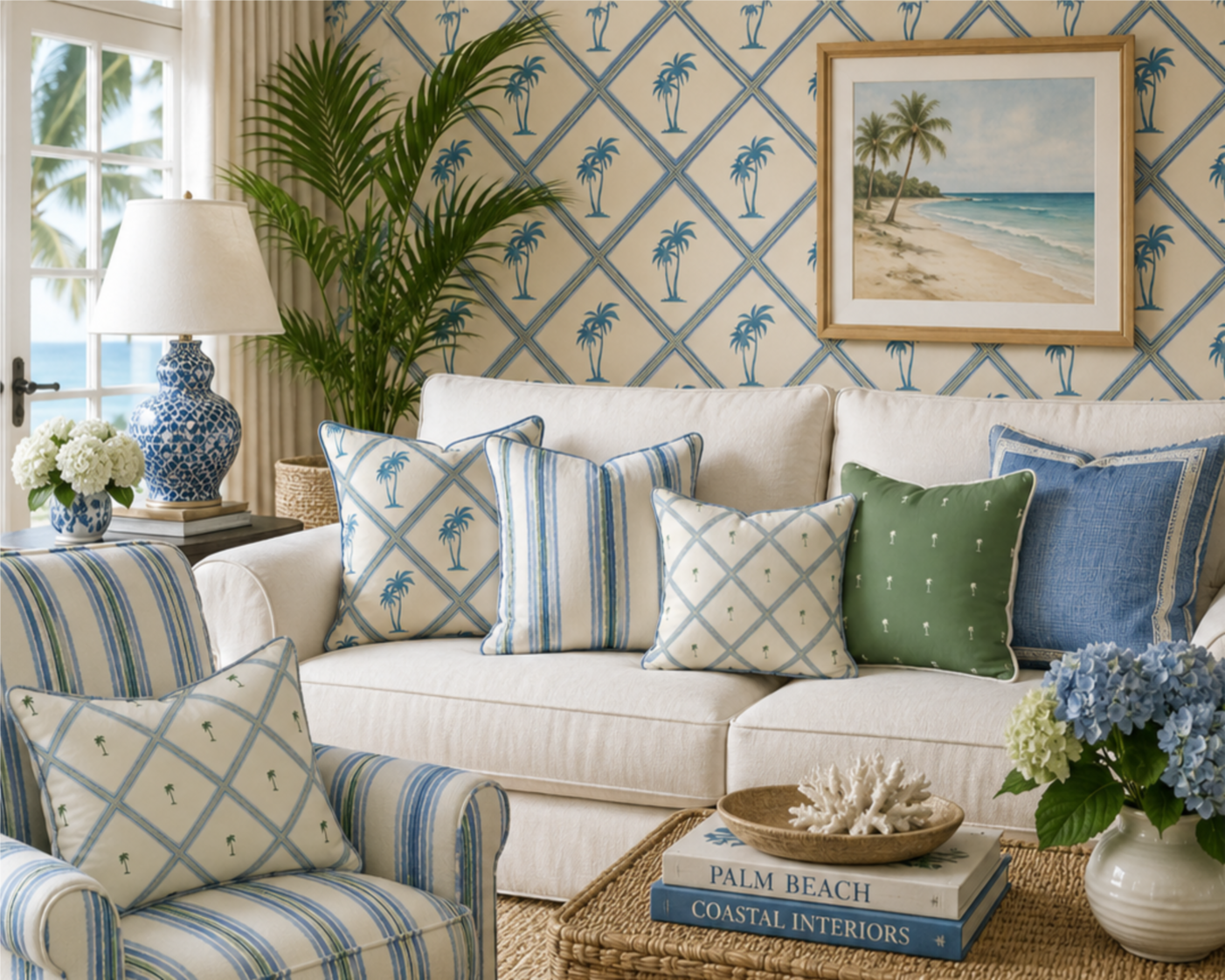 A beach-themed living room with a white sofa, striped and palm pattern pillows, a wicker coffee table with books and coral decorations, a large potted palm, and coastal artwork and wallpaper with palm tree design, natural light from a window.