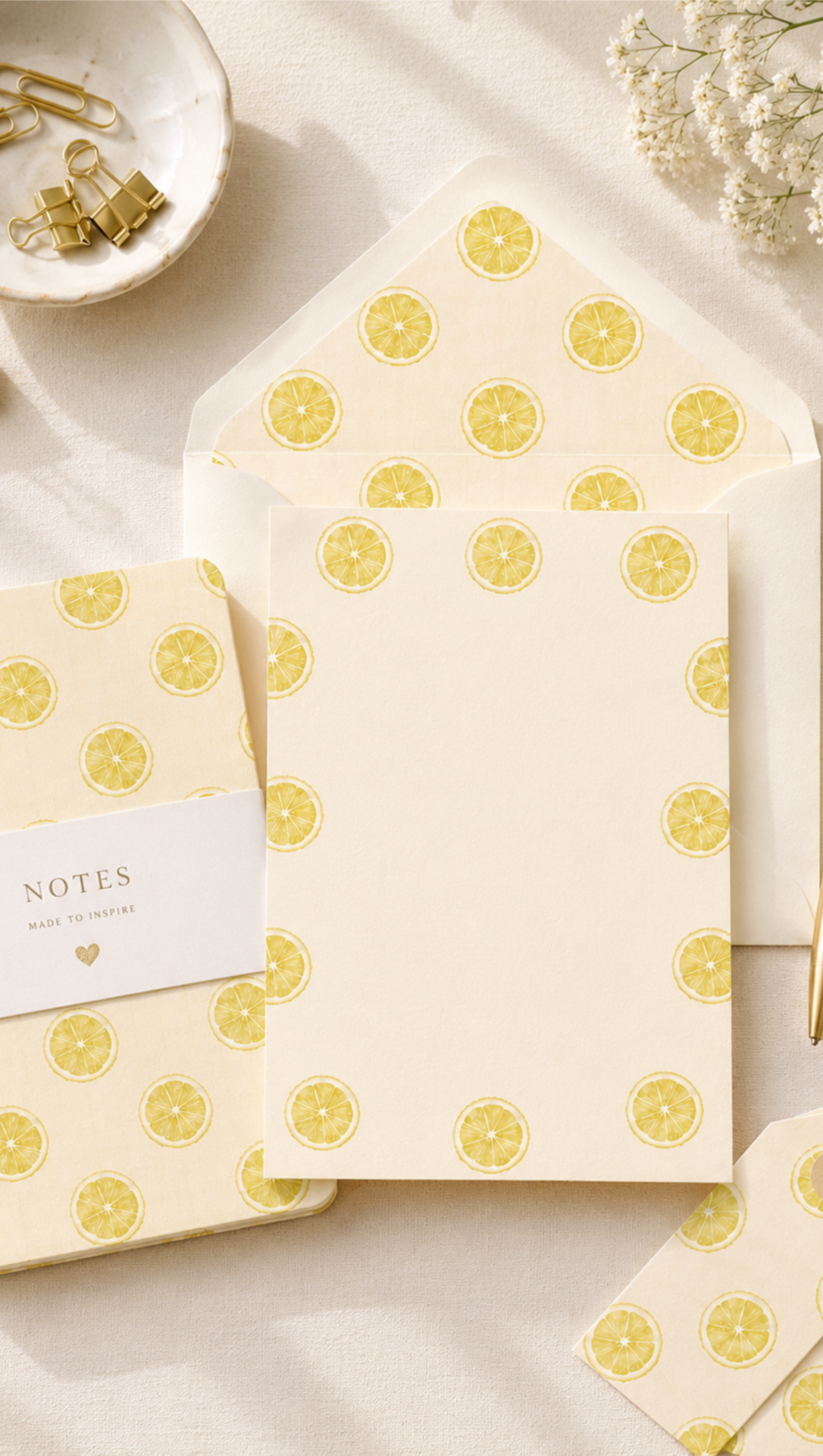 Set of stationery items with lemon slice pattern, including envelopes, cards, a small notepad, a bowl with gold paper clips, and white flowers on a light-colored surface.