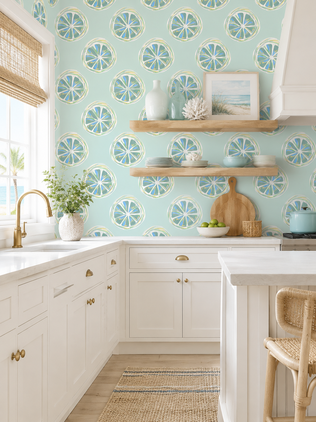 Cozy kitchen with white cabinets, a window with a bamboo shade, and two wooden open shelves. The walls feature a citrus slice patterned wallpaper in shades of blue, green, and yellow. Decor includes vases, a framed beach scene, coral, bowls, a cuttin
