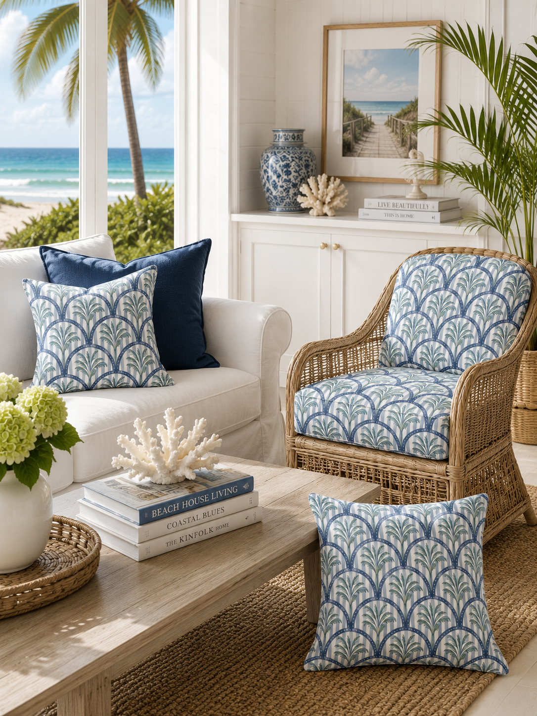 Living room with ocean view through large window, featuring white sofa with blue and patterned cushions, wicker chair, coffee table with books and coral decor, tropical plants, and seaside artwork.