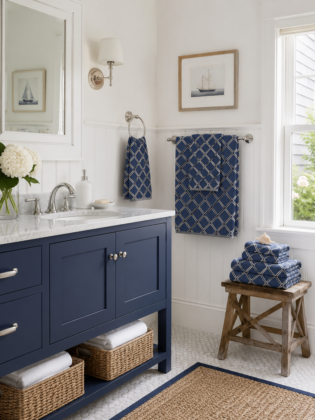 A bathroom with navy blue cabinets, white marble countertop, and nautical-themed decor including blue and white patterned towels, a small stack of towels, a gold framed picture of a sailboat, and a vase of white flowers.
