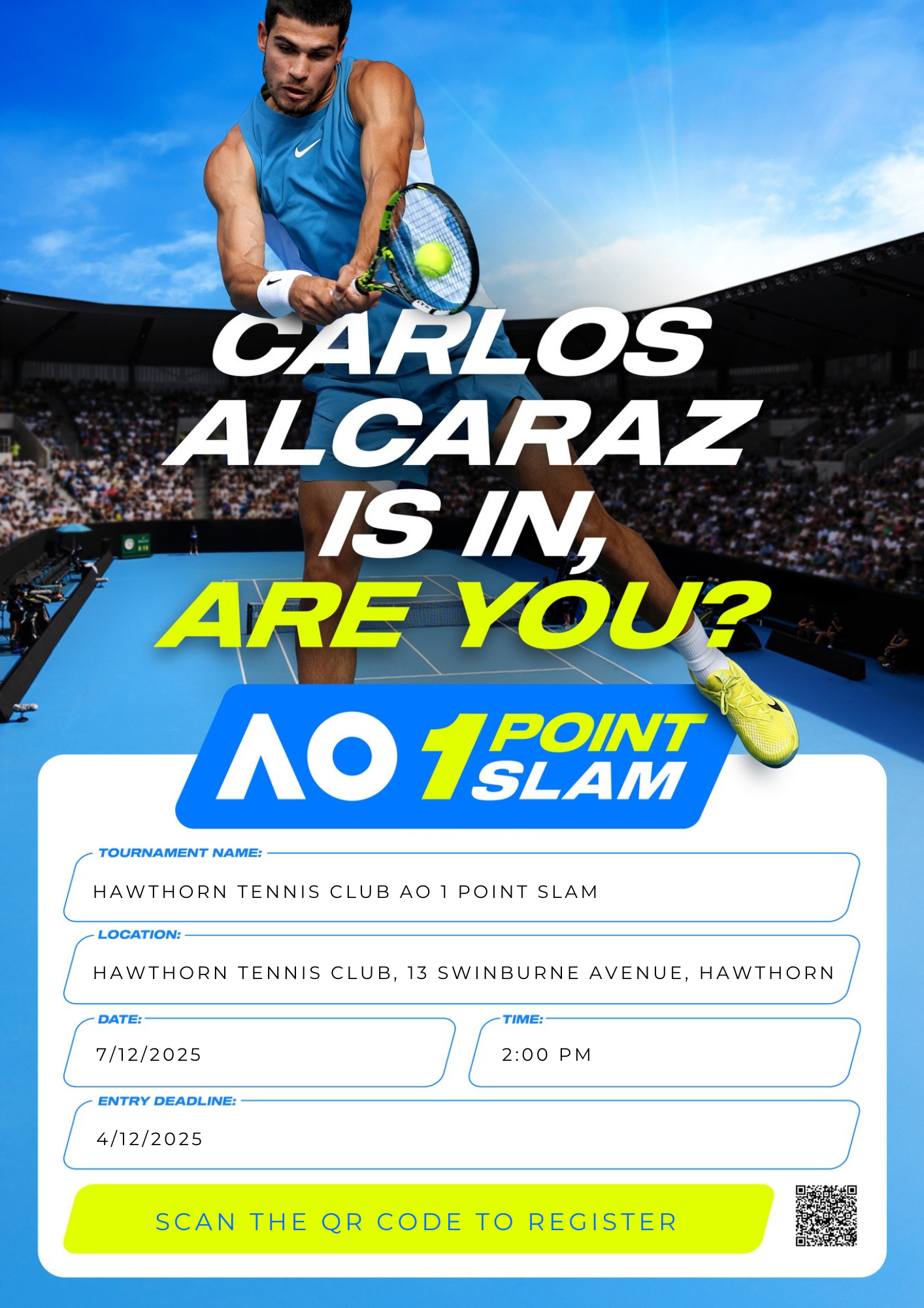 AO 1-point Slam - this Sunday 7th December 2pm - are you in for your chance at $1M? Members and friends welcome!