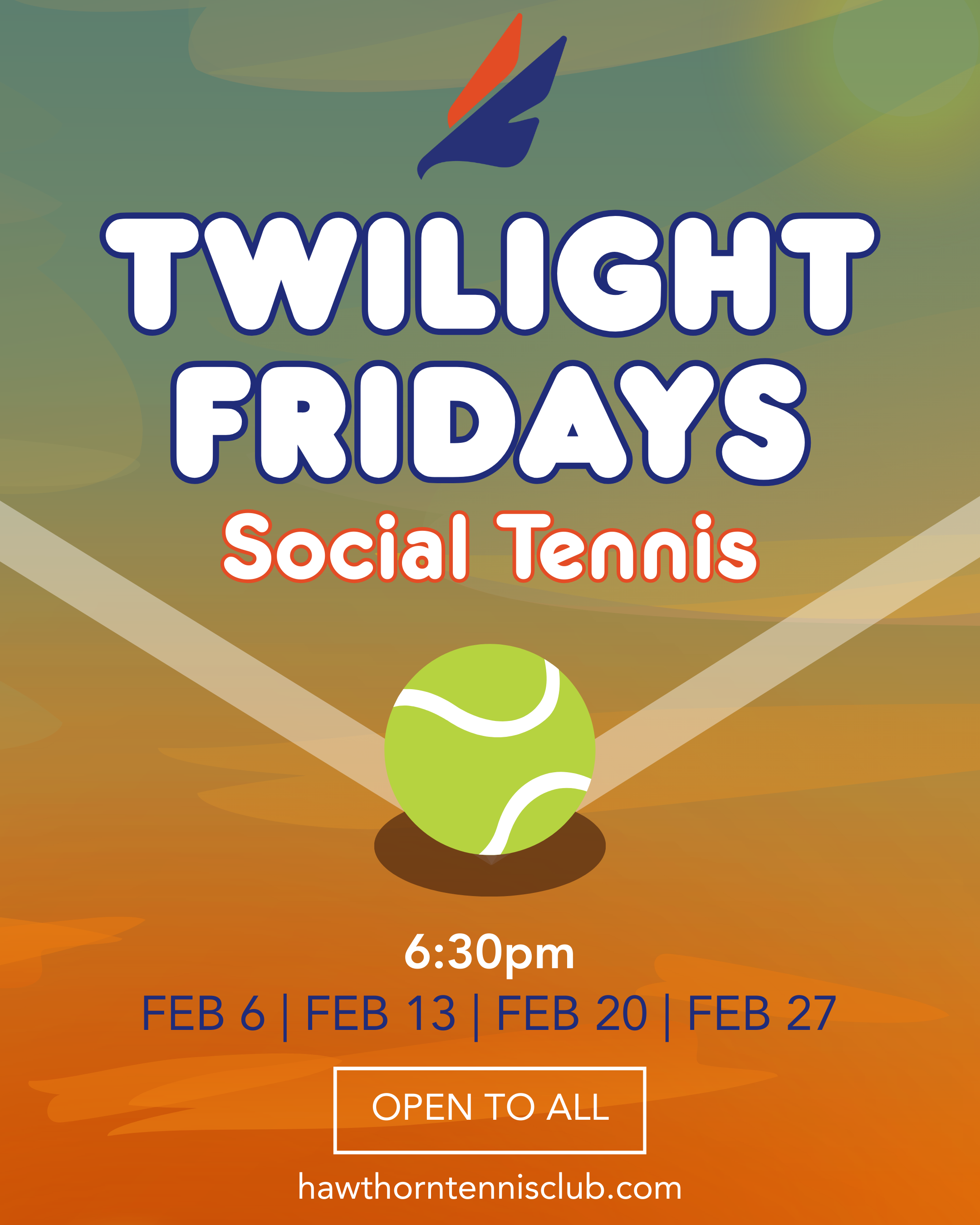 Enjoy the summer evenings out on court - February Fridays Twilight Social Tennis, from 6.30pm.