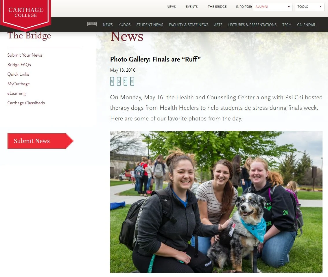   Health Heelers visits Carthage College.&nbsp; Student article featuring therapy dogs DYLAN, MONTANA ROSE, and NORAA. May 16, 2016  https://www.carthage.edu/live/news/10990-photo-gallery-finals-are-ruff  