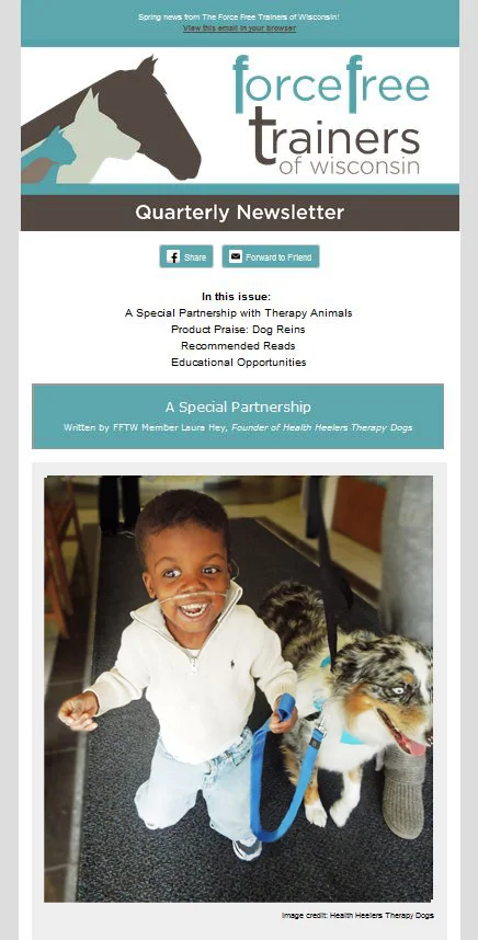 Force Free Trainers of Wisconsin newsletter. “A Special Partnership” featuring therapy dog MONTANA ROSE. Spring 2015 http://us3.campaign-archive2.com/?u=f856528c825123ec15d4f095c&id=89239a3962