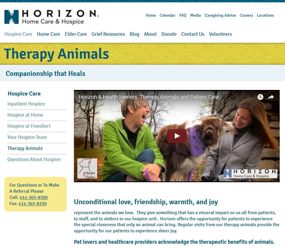   Horizon Home Care &amp; Hospice  interview with Health Heelers founder, Laura Hey and therapy dog, JASPER. October 2015:  http://www.horizonhomecareandhospice.com/hospice-care/therapy_animals.php  