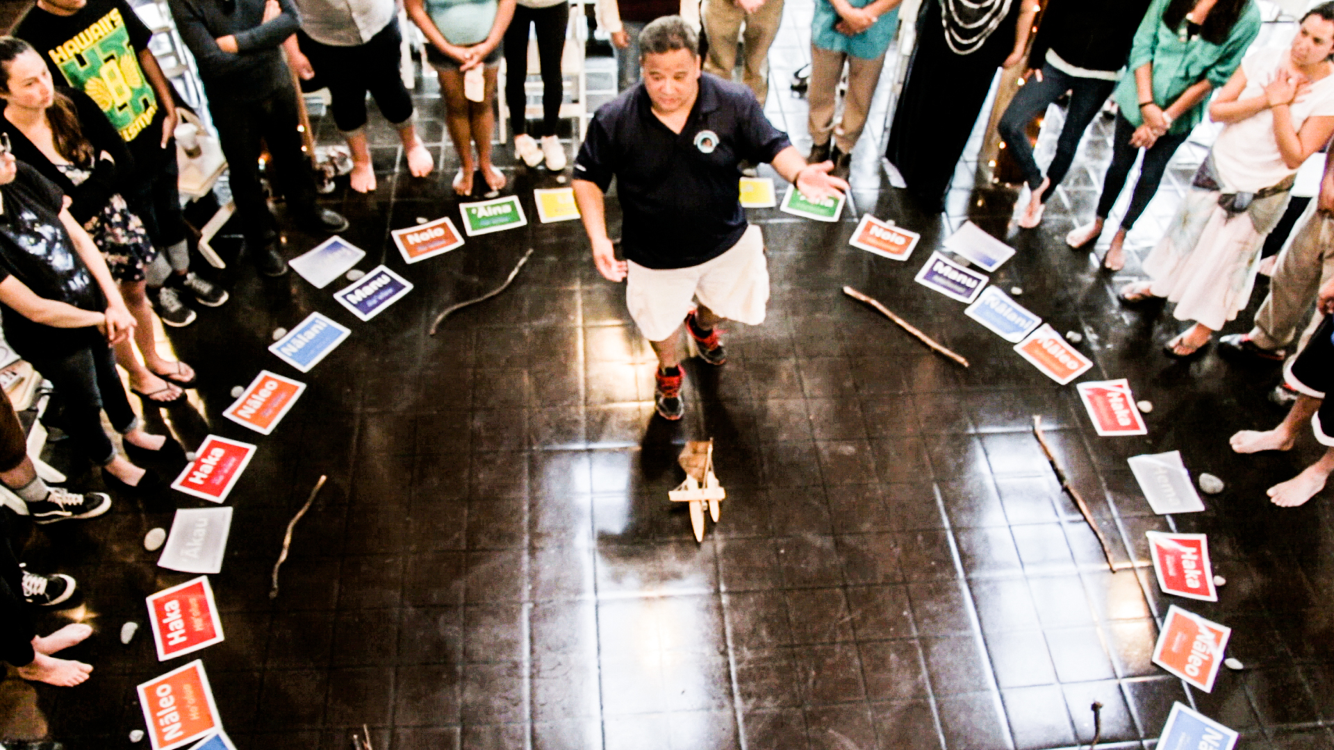 Ocean voyager and navigator Kaimana Barcarse leads a workshop on the Hawai'ian compass and orienting by the stars.
