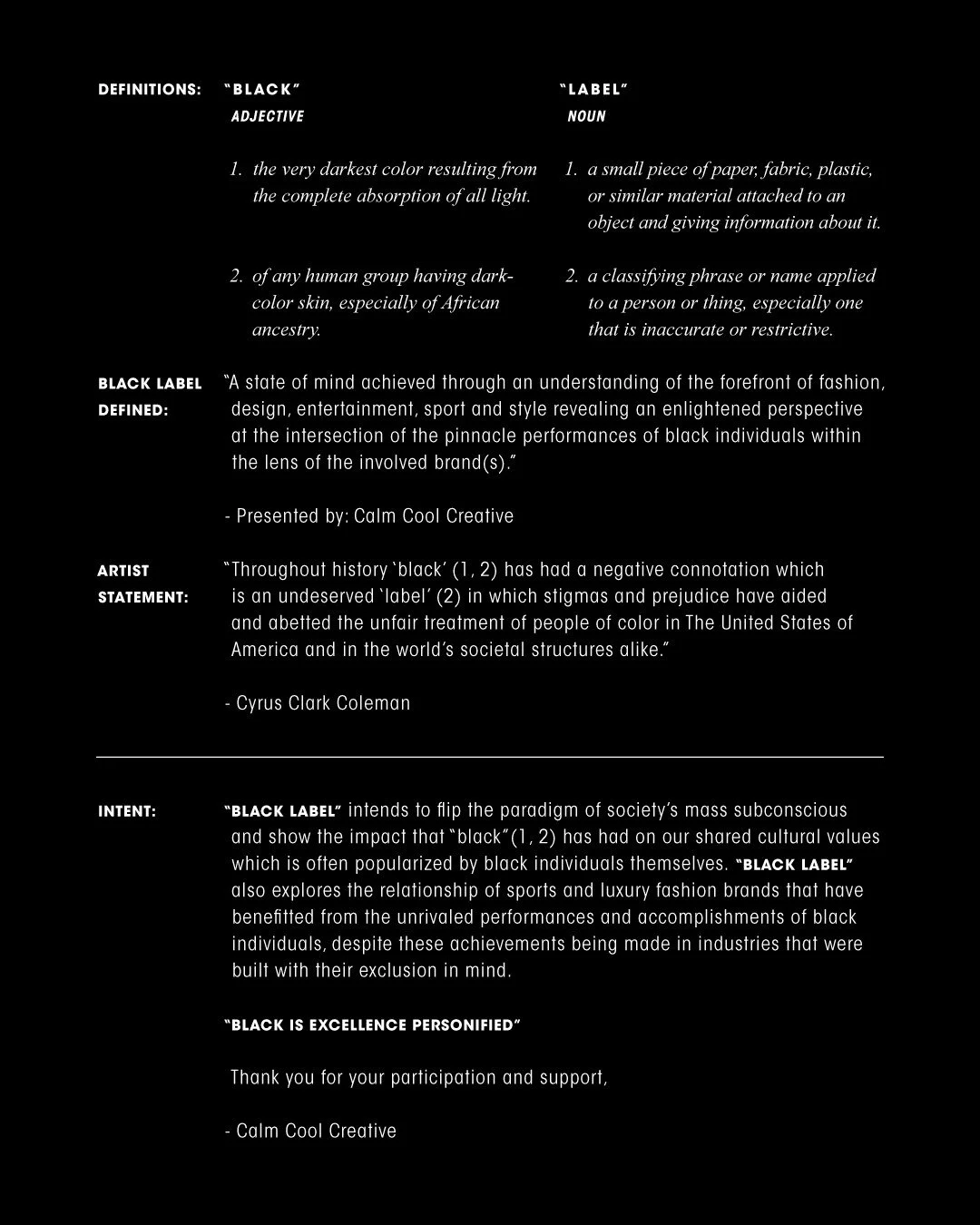 Black Label exhibition artist statement and event details