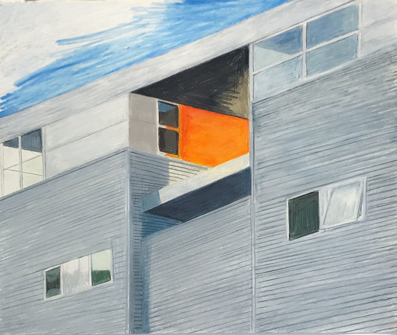 Modern Building (Sunrise) - 9" x 12" - Colored Pencil on Paper - 2019