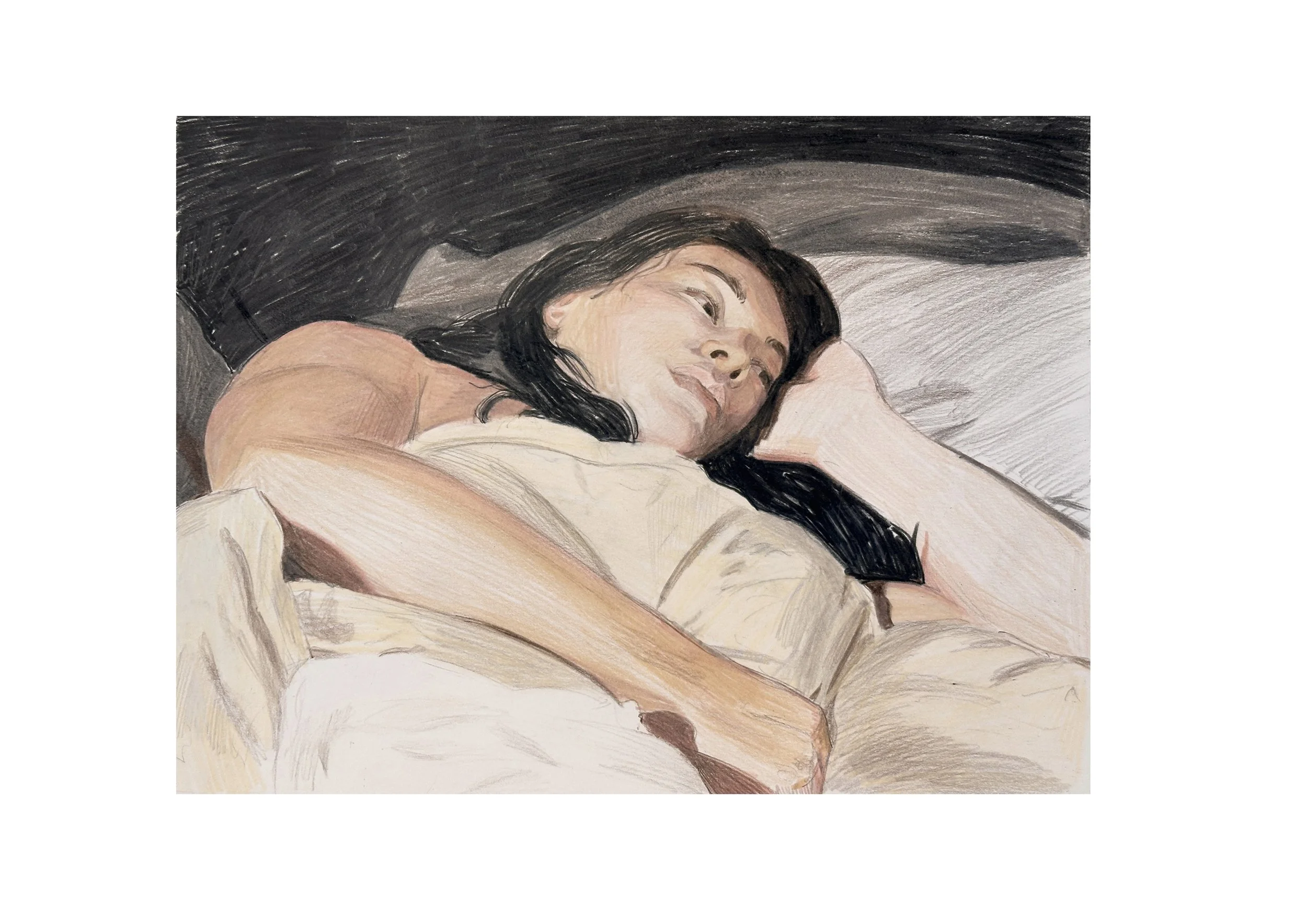 Sara in Bed, 9"x12", Colored Pencil on Paper, 2026