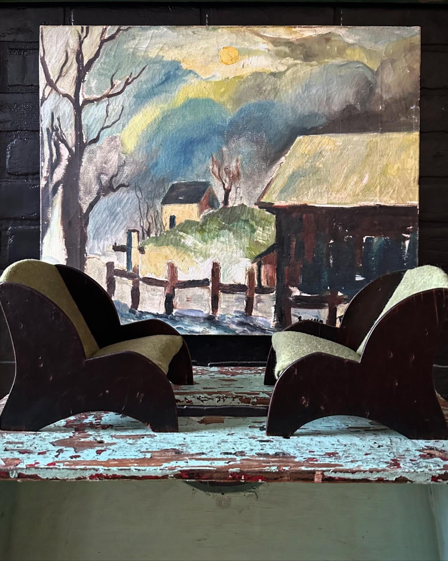 Cold Mountain ⬅️

Pair of homemade wooden Adirondack style lounge chairs in green wool. 1951 rural landscape painting, signed lower, right  18&rdquo; x 22&rdquo;.