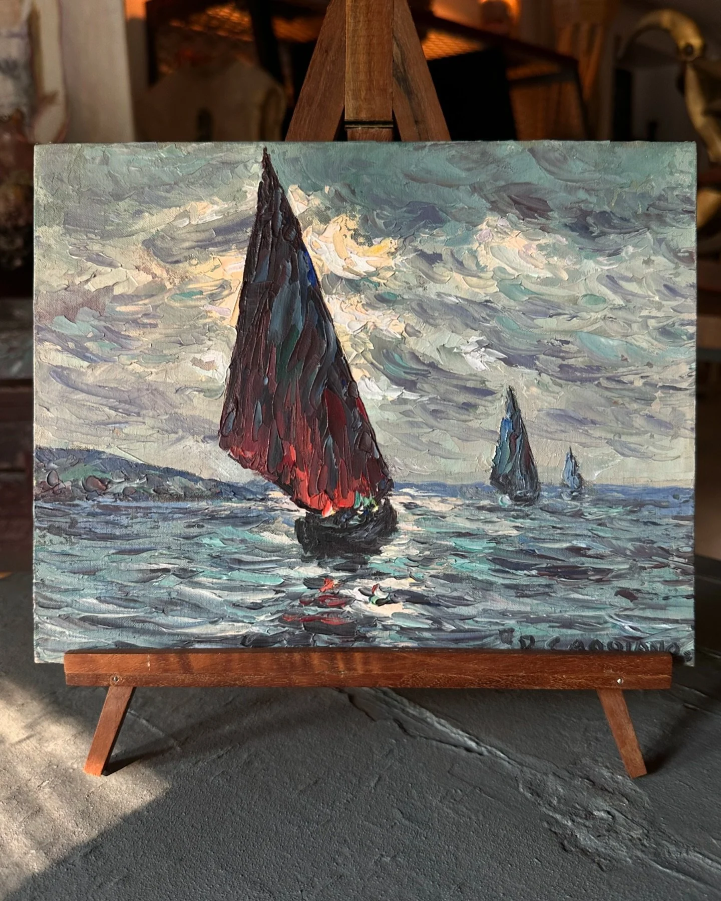 I never tire of nautical paintings. ⬅️

Mid 20th C. impressionist oil on artist board, signed D. Caggiano, 10&rdquo; x 8&rdquo;. The wooden easel is sold separately.