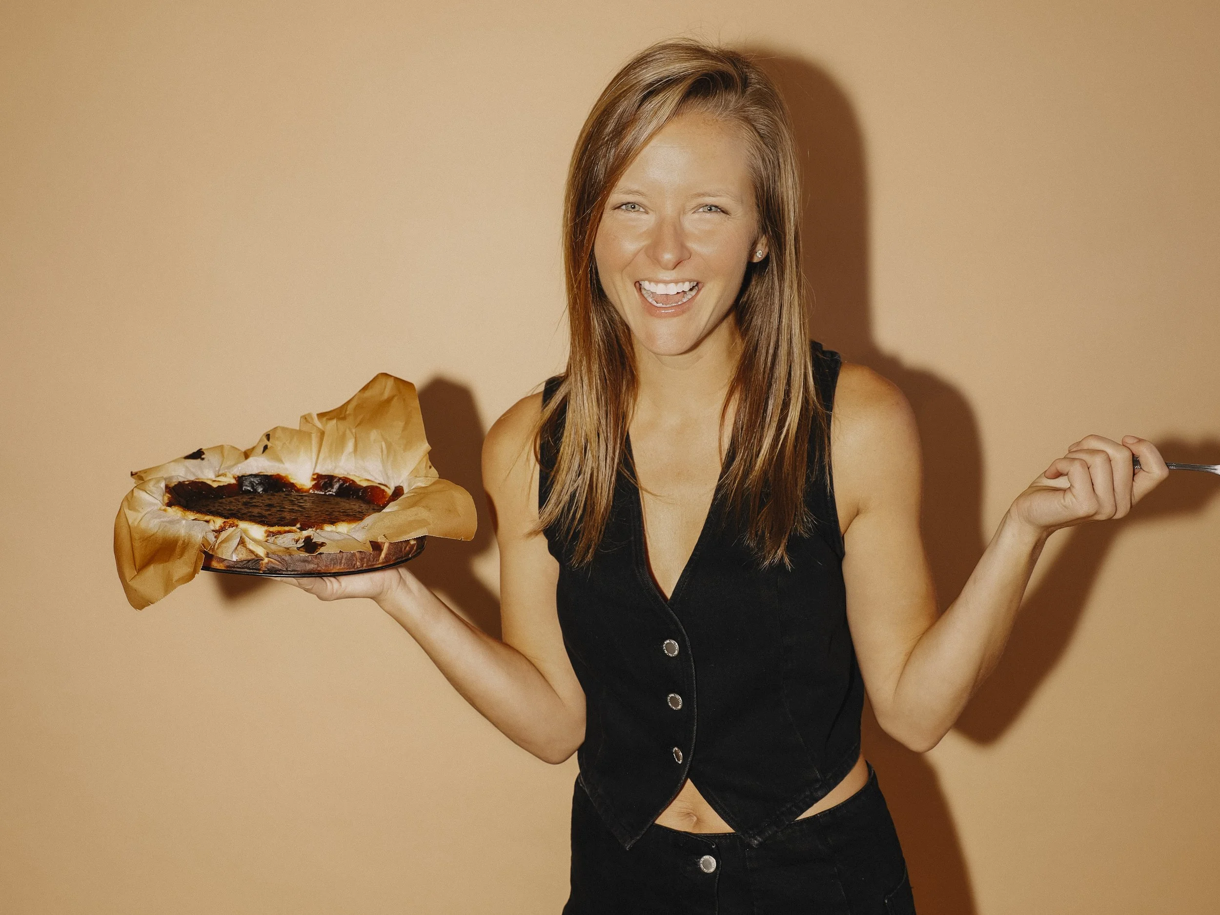 Marti Buckley, cookbook author with Basque cheesecake