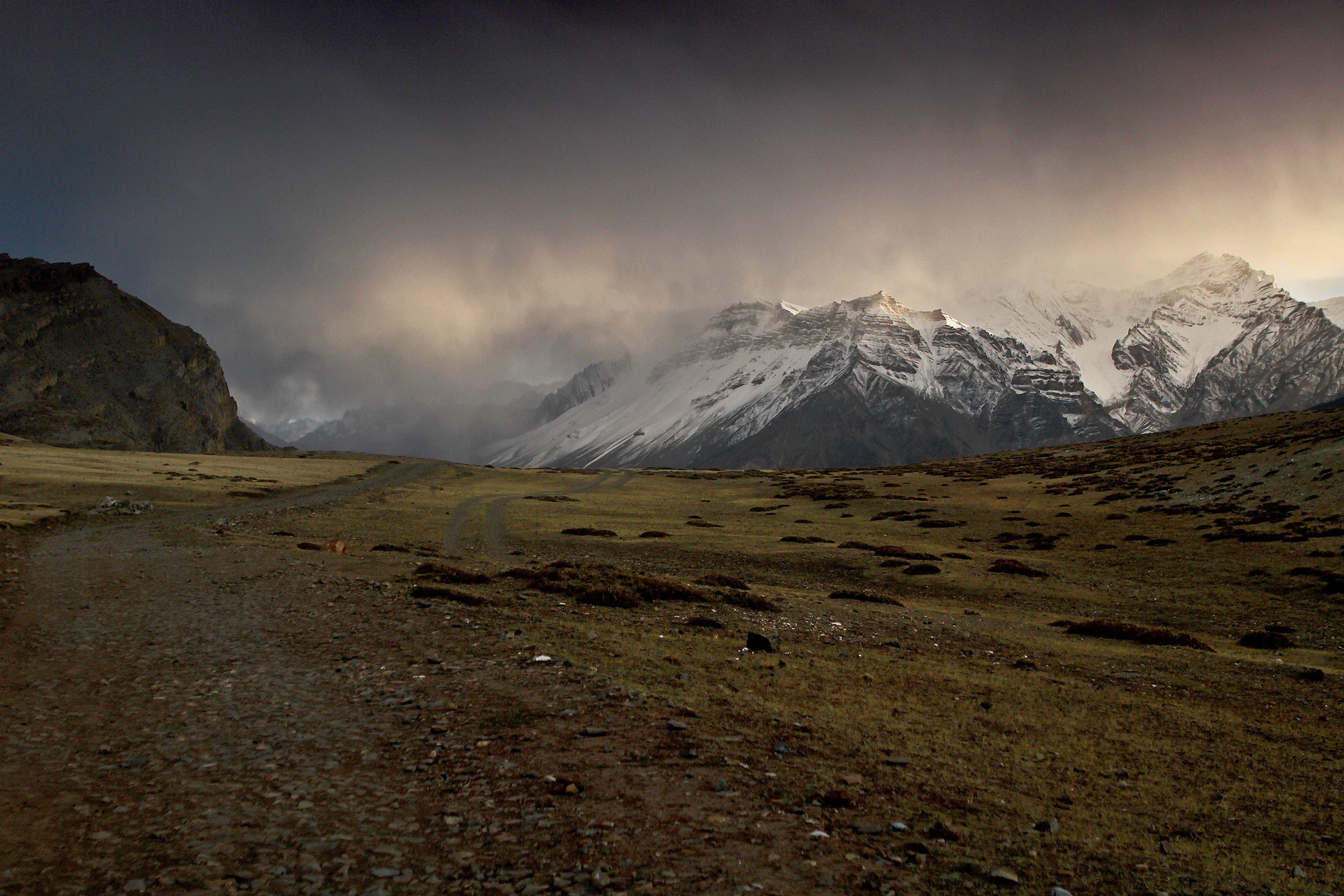 9 October, 2012 - Near Kibber Village First snow. A week or two after the first snowfall of the year, the road out of Spiti to Manali will be closed and the people of Spiti snowed in from the west. Animals will be moved down to warmer pastures and a few people from each family will stay behind to effectively live indoors for 3 months.