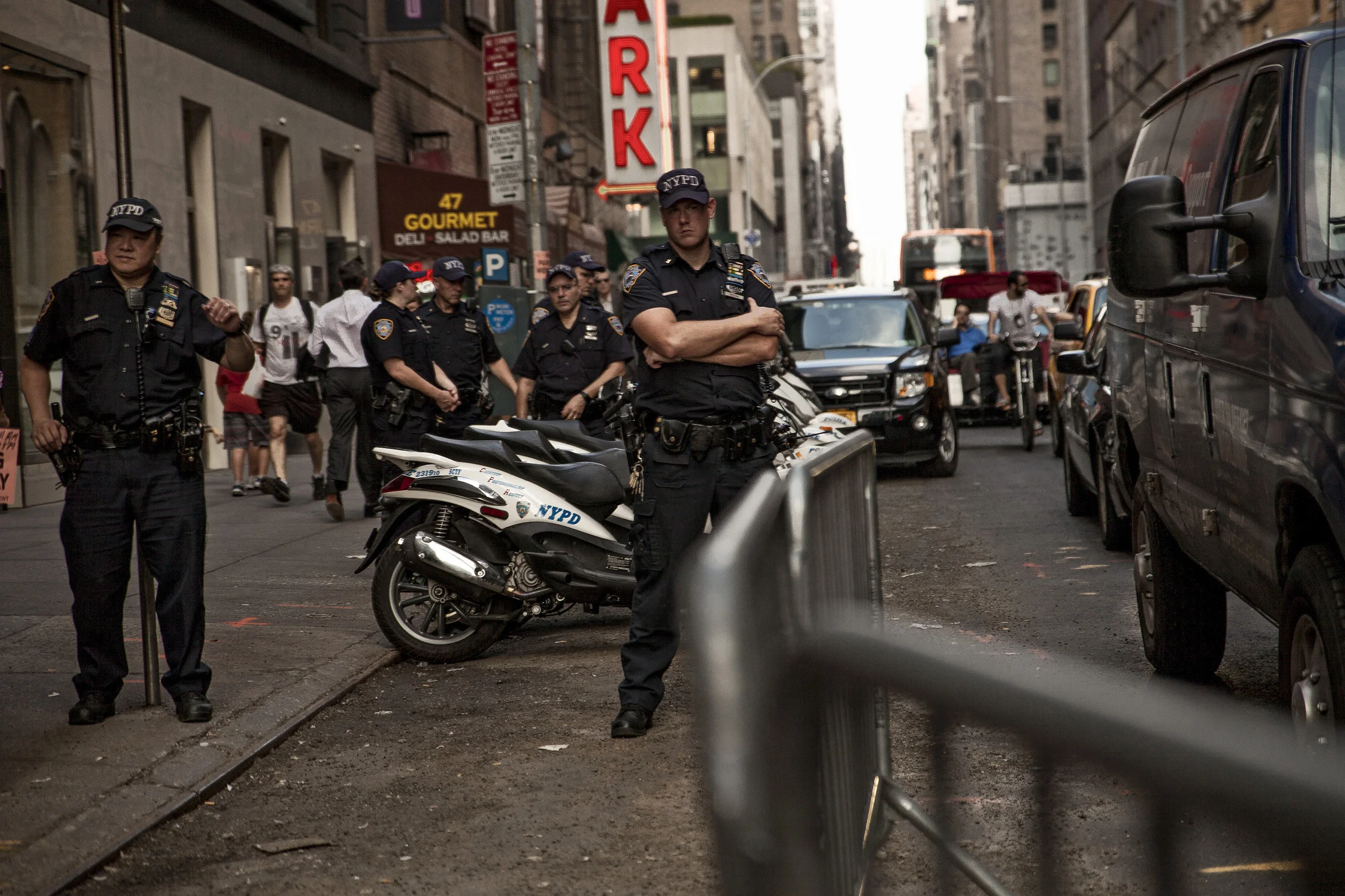 September, 2013 - New York, U.S.A. NYPD monitor protests in Times Square sparked by police firing on Glenn Broadnax, 35, of Brooklyn, who was later found to be unarmed. Broadnax was unharmed however two tourist bystanders were wounded