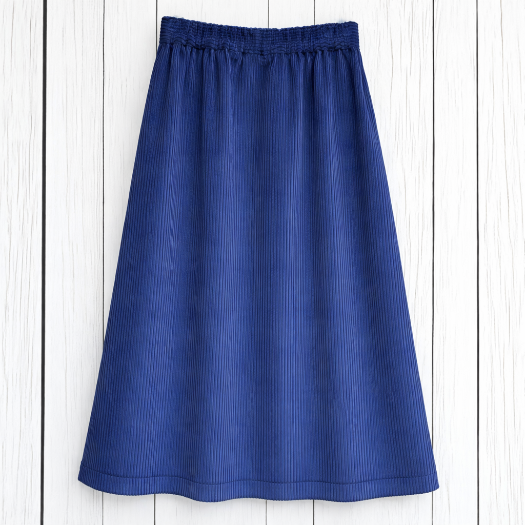 Blue corduroy skirt on wooden backdrop.png