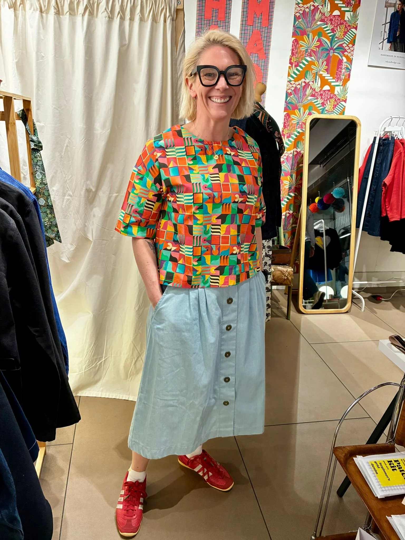 helen in bauhaus top and denim skirt .jpeg