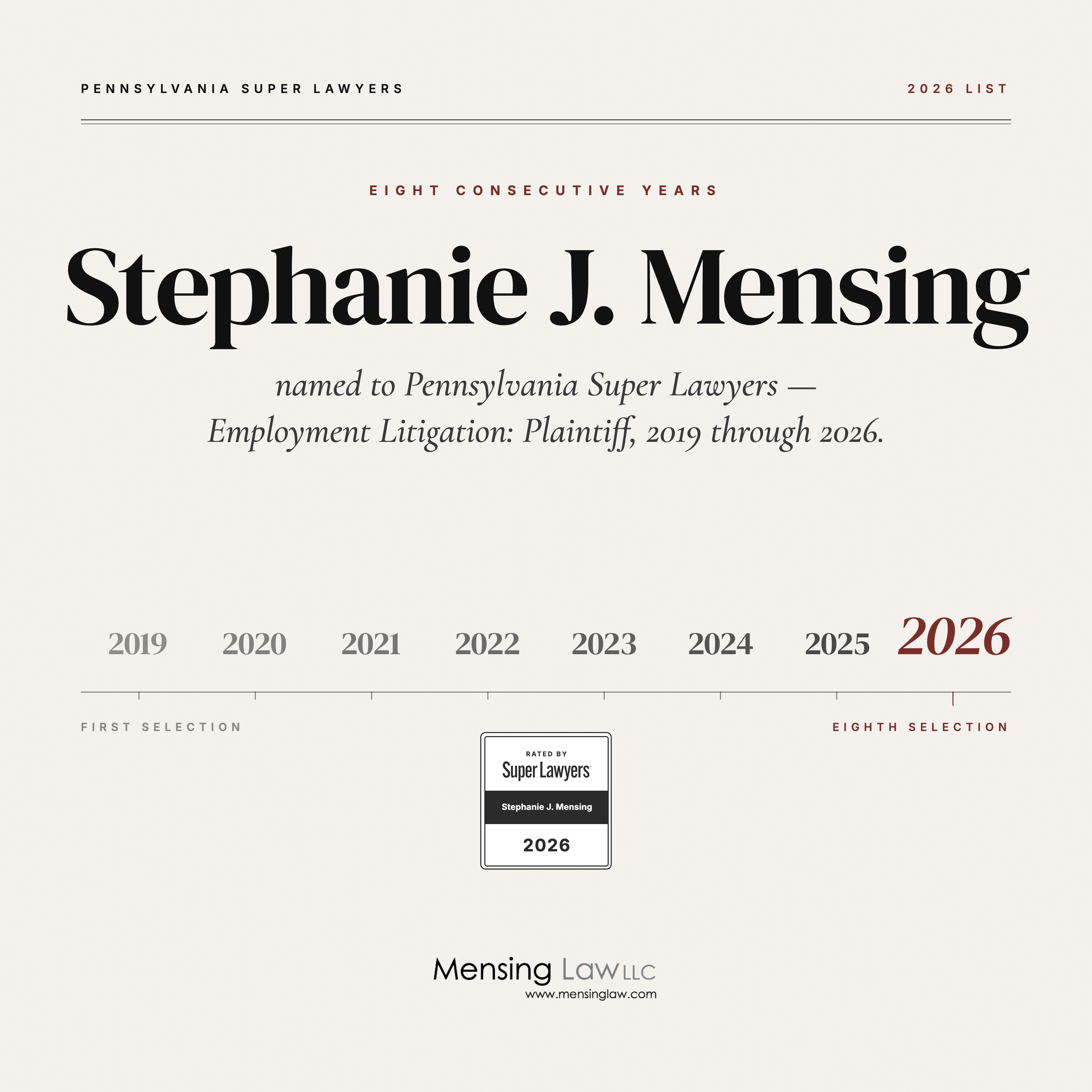Stephanie J. Mensing Named to 2026 Pennsylvania Super Lawyers List for Plaintiff's Employment Law