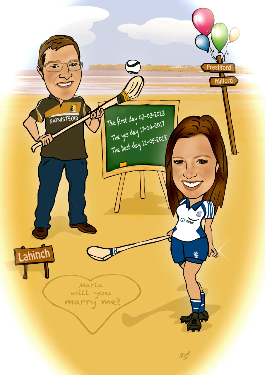 Caricature For Engagement Gift (Camogie and Hurling theme)