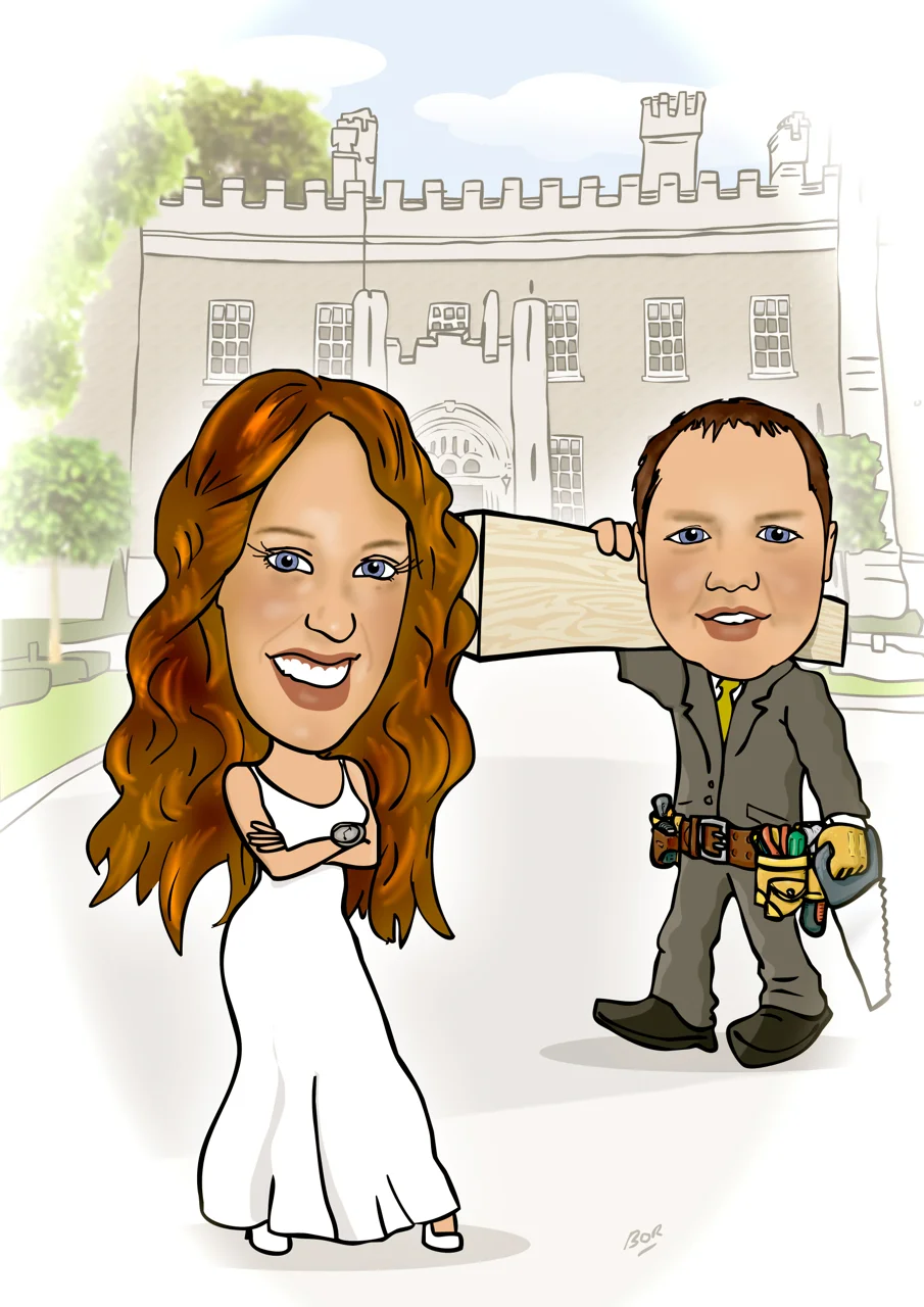 Wedding gift Caricature (Background is Bellingham Castle, co Louth)