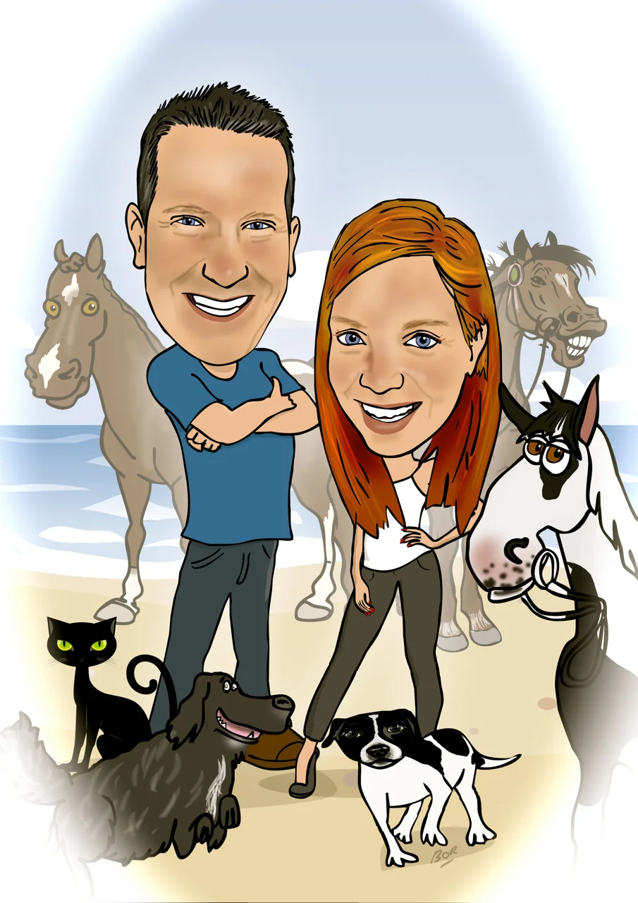 Engagement Caricature For couple with horses dogs and cat