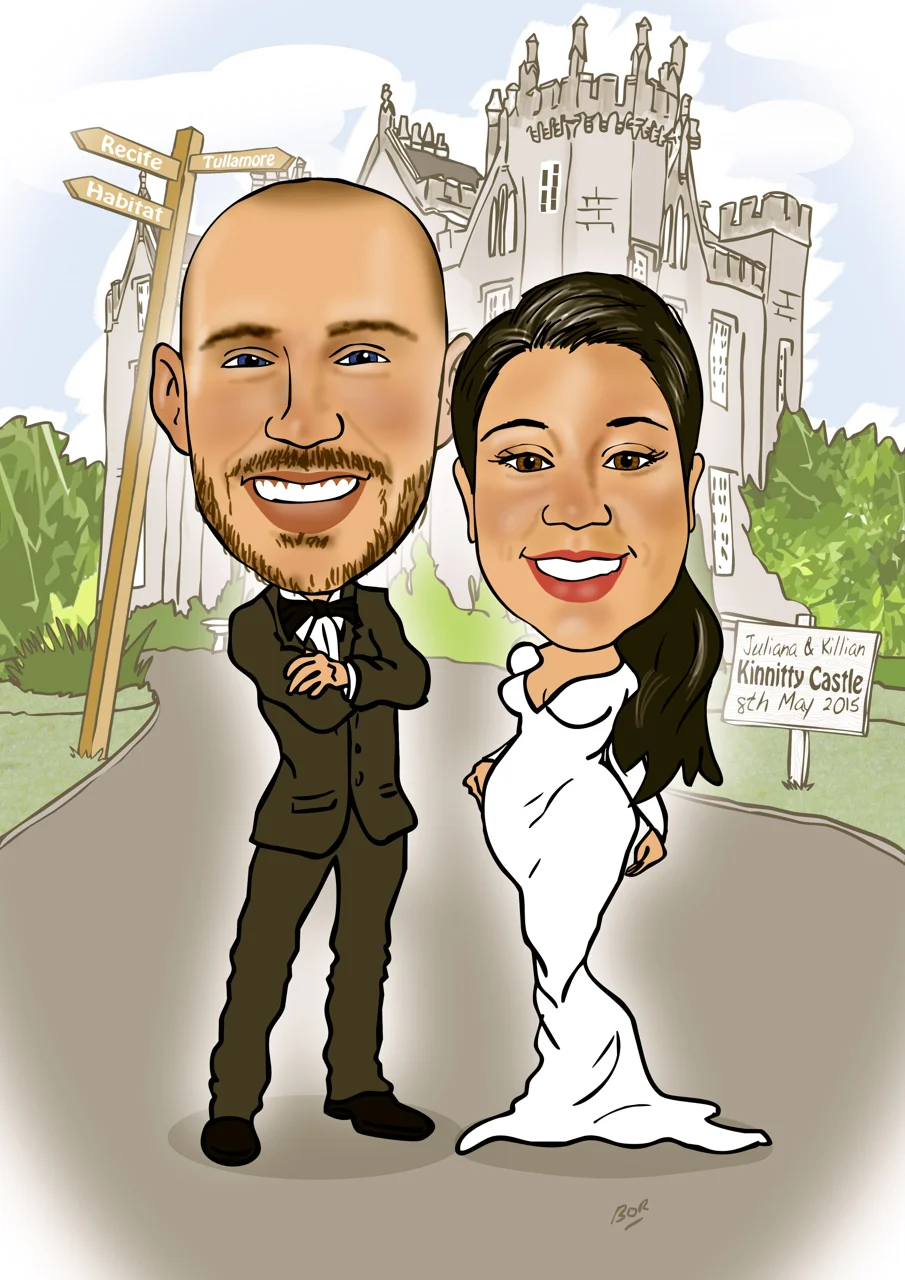 Wedding Gift Caricature (Background is Kinnitty Castle, Birr, co Offaly)