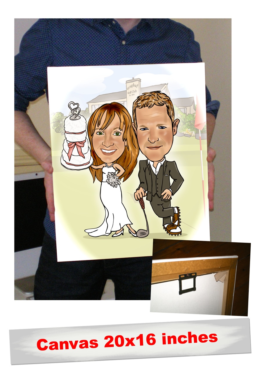 Wedding Gift Caricature on Canvas (Background Youghal Golf Club)