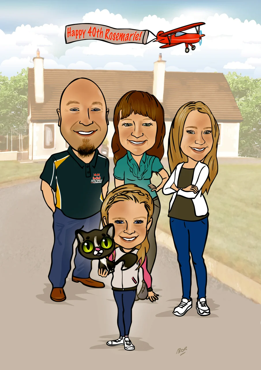 40th Birthday Gift Framed Family Caricature