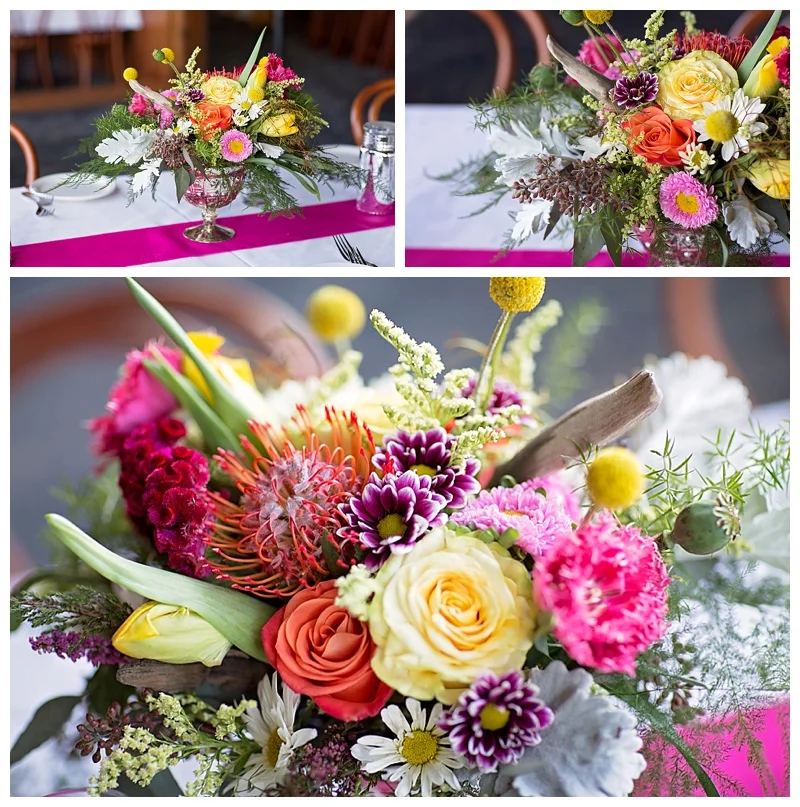 Bright & lush flowers add a pop of color to the table. Mercury glass is a vintage touch and a pop of color on the table runner make it a bright and beautiful centerpiece.