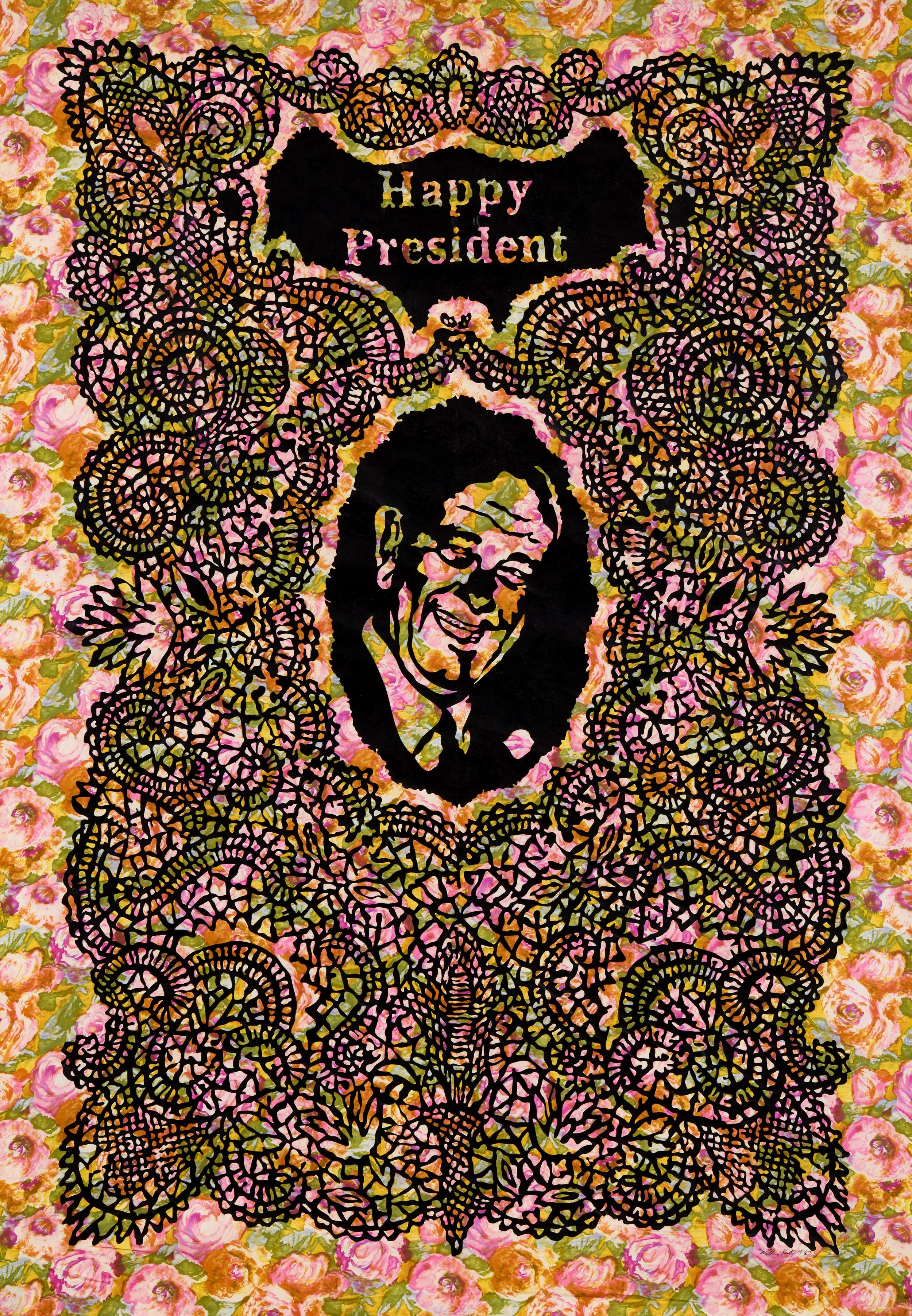 Happy President (LBJ), 1967 Unique slate-cut print: ink on patterned fabric 60 x 40 in. (152.4 x 101.6 cm) (WKt 5)