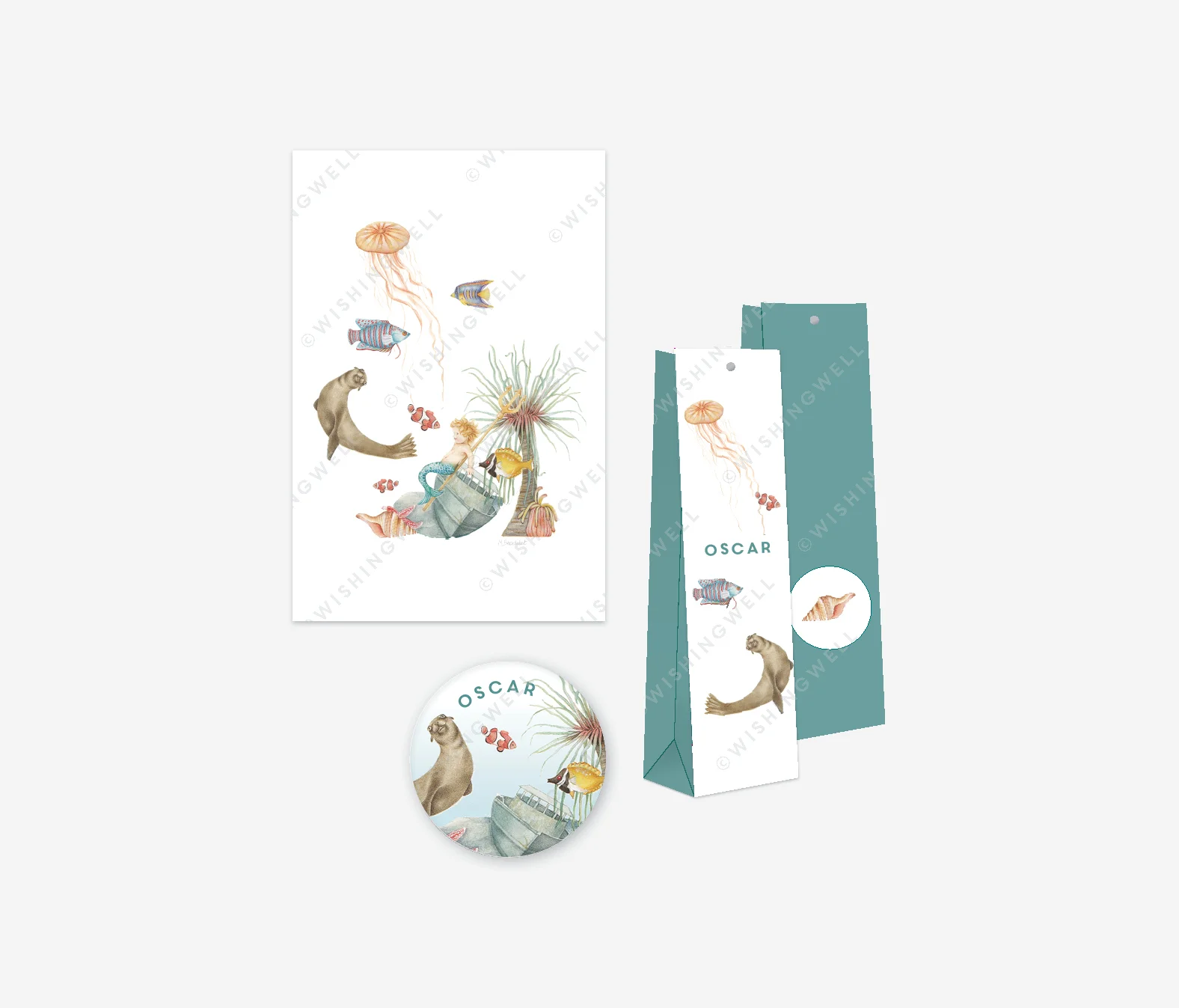 Geboortekaarten (keuze uit 100 of 150 ex.) + Magneten + Doosjes 'Diep in de zee'