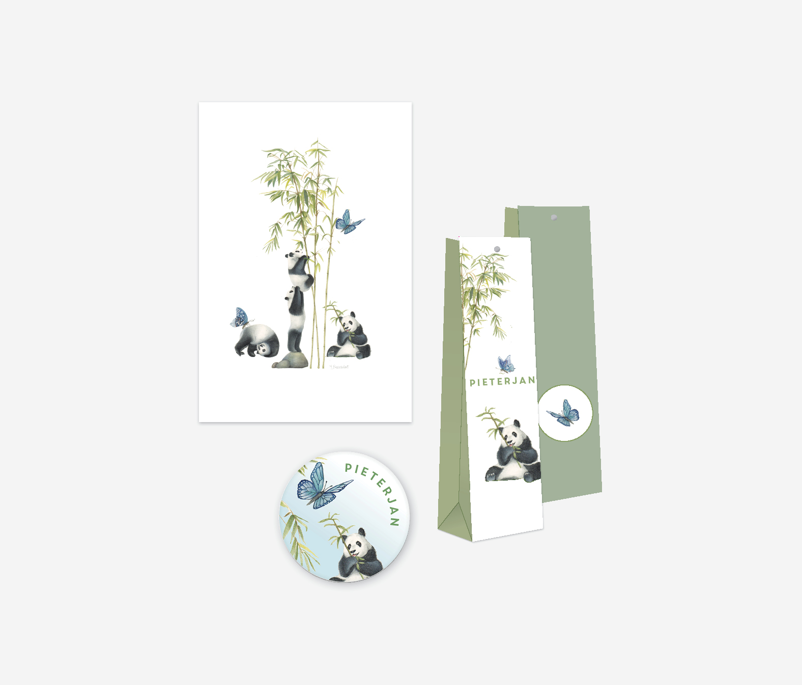 Geboortekaarten (keuze uit 100 of 150 ex.) + Magneten + Doosjes 'Panda beren'