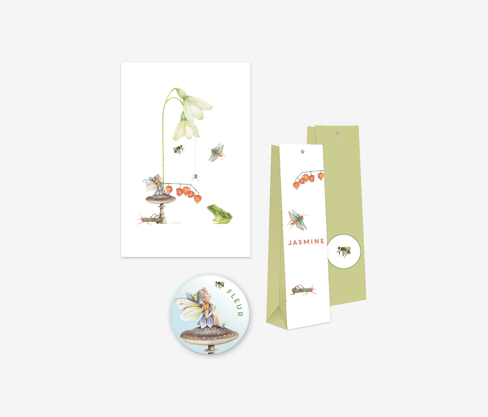 Geboortekaarten (keuze uit 200 of 250 ex.) + Magneten + Doosjes 'Bloemenfeetjes'