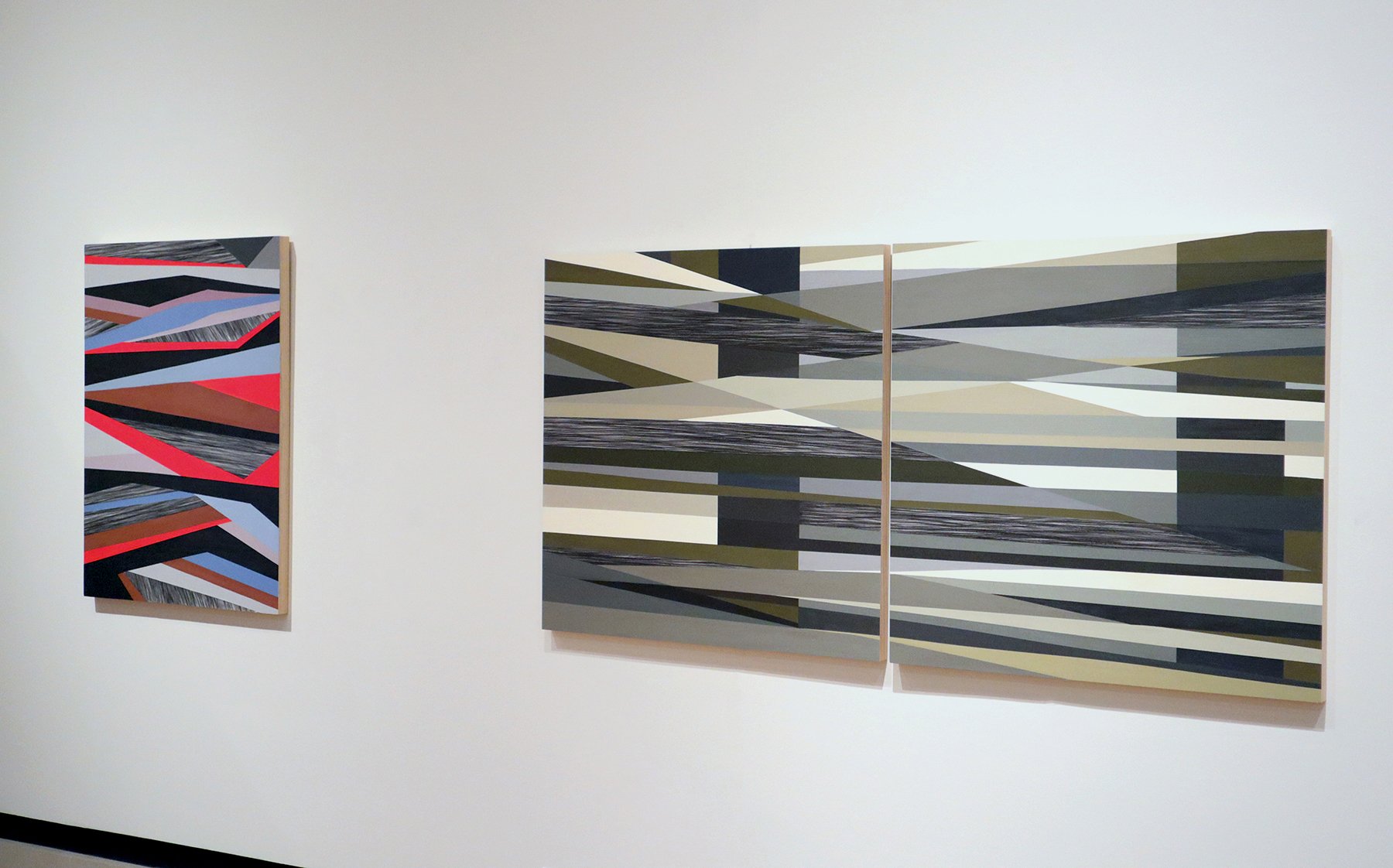  Left: Boundaries, 2023. Right: Fence Posts (Texas), 2023. Acrylic paint, graphite &amp; paper on panel. 