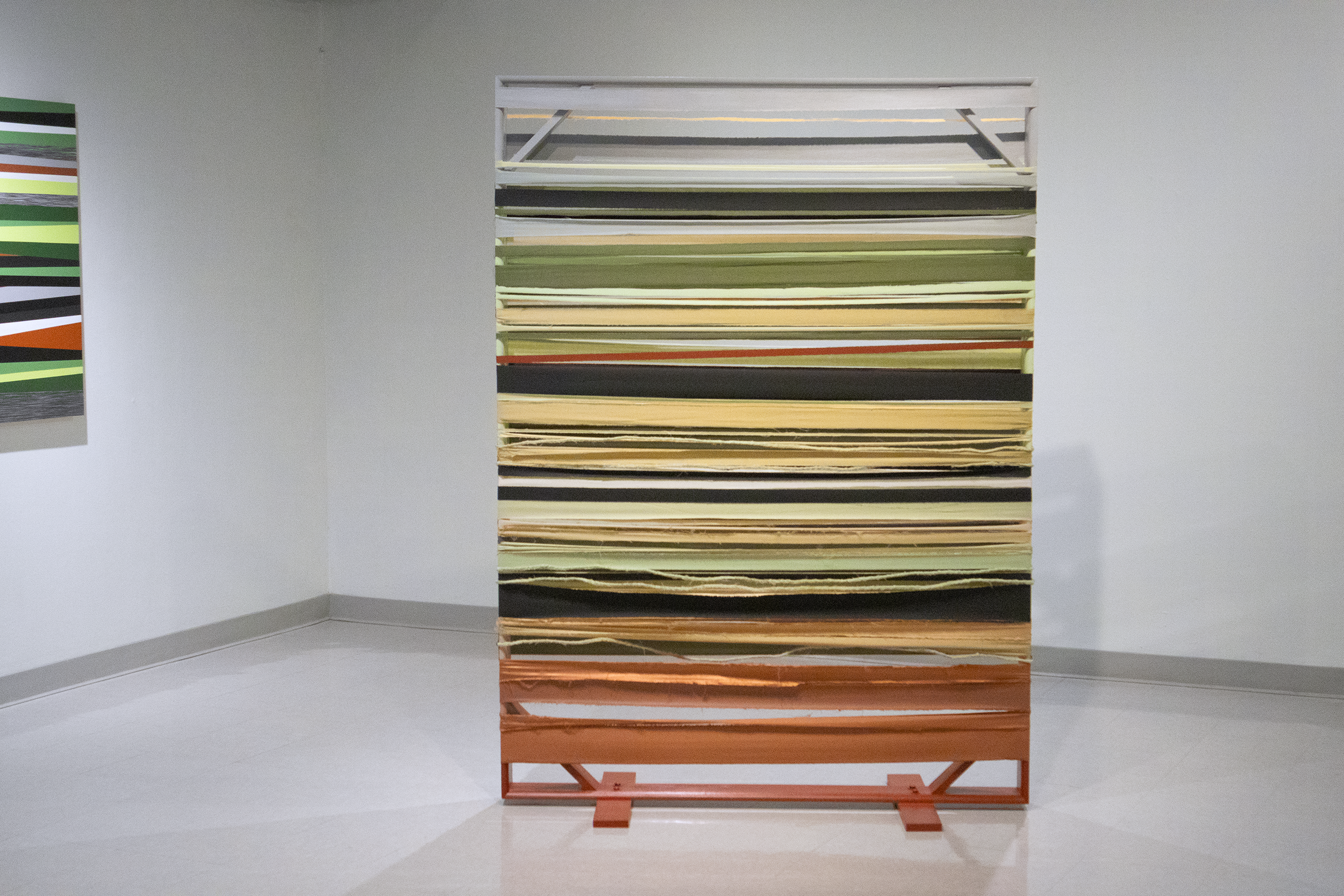 Ranch Roads , 2025. Ripped canvas, bed linens, acrylic paint, wood. Solo exhibition, Fences and Fields .